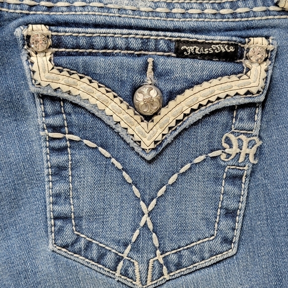Miss Me Jeans Size 29 28X33 Bootcut Boot Leather Trim Thick Stitch Low Rise - Picture 6 of 16